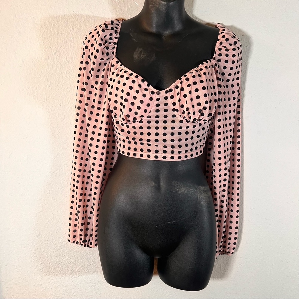 Pink Polka Dot Long-sleeve Crop Top